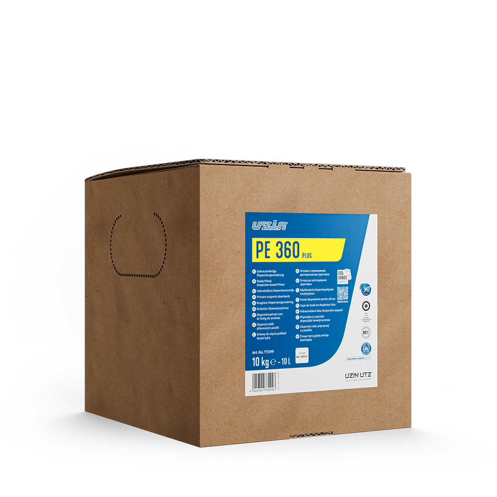 Eine braune Verpackung mit einem blau-weißen Etikett mit der Aufschrift UZIN PE 360 PLUS, den Produktangaben, und dem Firmenlogo von Uzin Utz.
