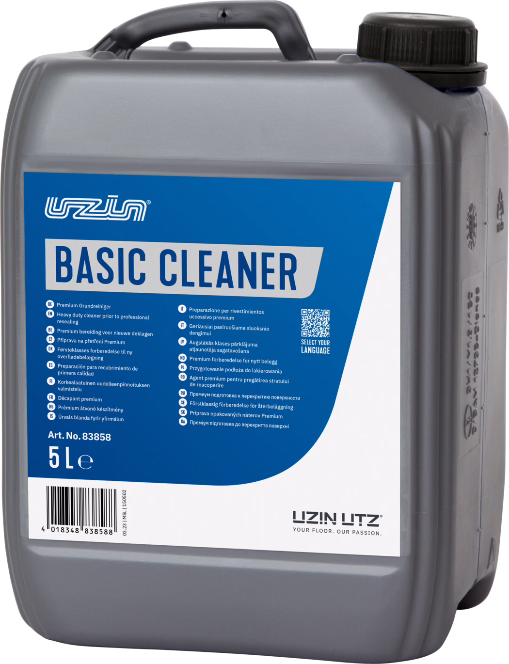 UZIN_Dummy_Basic Cleaner-5l_2023-12 Zbliżenie szarego plastikowego kanistra 5 l z niebiesko-białą etykietą z napisem "BASIC CLEANER". Na górze znajduje się zintegrowany uchwyt i czarna zakrętka. Etykieta zawiera wielojęzyczne informacje o produkcie, kod QR, numer artykułu (Art. No. 83858) i kod kreskowy; u dołu widoczne logo "UZIN UTZ". Powierzchnia plastiku ma formowane detale i oznaczenia pomiarowe. Zdjęcie jest dobrze oświetlone, na jasnym tle, ukazujące przód i prawy bok pojemnika.