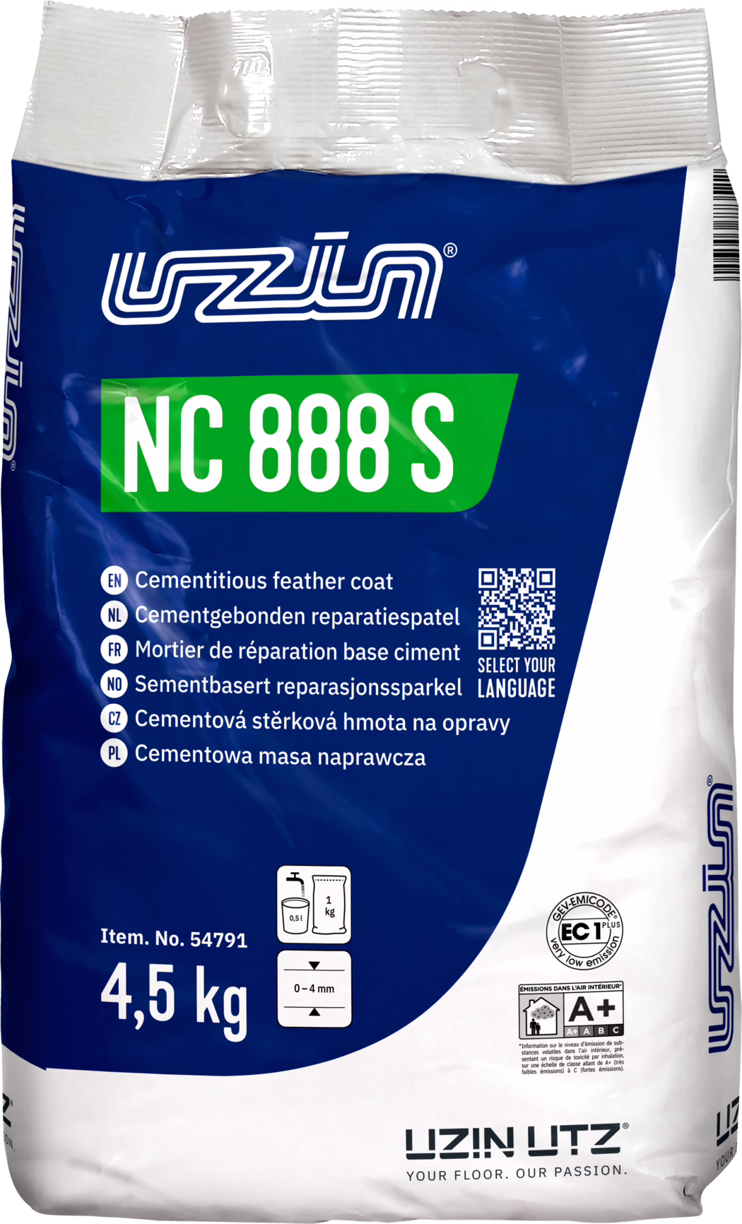 Zdjęcie worka 4,5 kg UZIN NC 888 S, cementowej masy wyrównującej (cementitious feather coat). Opakowanie jest niebiesko-białe z zielonym panelem NC 888 S i logiem UZIN u góry. Widoczne napisy: nazwa produktu, wielojęzyczne opisy, kod QR 'Select your language', numer artykułu 54791, piktogram mieszania (ok. 0,5 l wody na 1 kg), zalecana grubość nakładania 0–4 mm, certyfikat niskiej emisji EC1 Plus i etykieta A+. Zastosowanie: cementowa masa naprawcza i wyrównująca do podłóg. Waga '4,5 kg' wydrukowana jest wyraźnie. Opakowanie ma zagniecenia, a po prawej stronie widać kod kreskowy.
