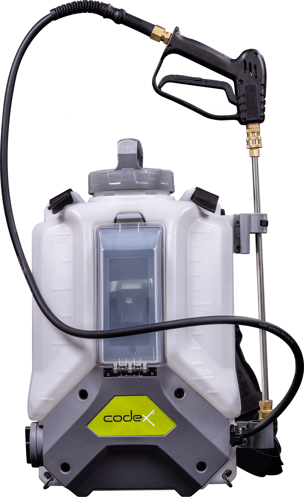 codex_Dummy_X-Spray_2023-05 Close-up of a portable backpack sprayer: a translucent white polyethylene tank mounted on a gray molded base with a lime-green 'codex' logo. The unit has a large screw-on fill cap at the top, padded shoulder straps, and graduated volume markings on the sides. A long black high-pressure hose connects to a pistol-style spray gun with an ergonomic black trigger handle, brass fittings and a stainless-steel lance held in a side bracket. The front shows a clear inspection window and robust plastic and metal fastenings. The product is intended for applying liquids such as pesticides, herbicides or cleaning solutions; photographed centered on a white background with even studio lighting.