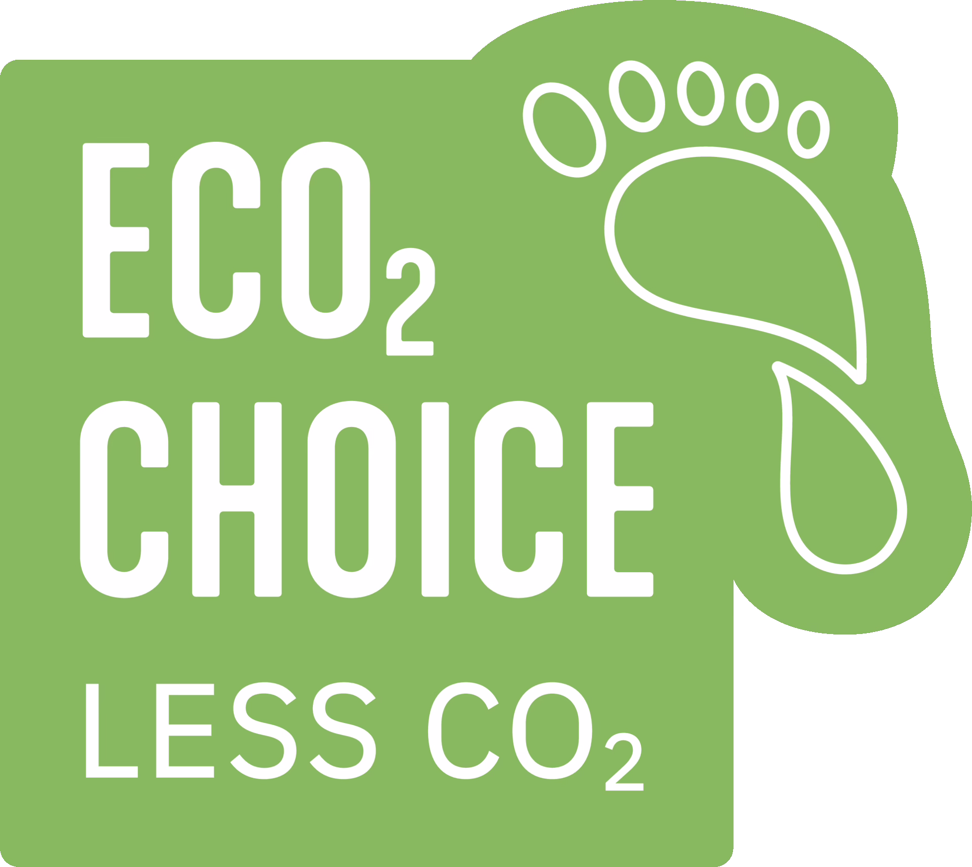 Ein grünes Schild mit einem weißen Fußabdruck-Symbol und dem Text ECO₂ CHOICE LESS CO₂, das für eine umweltfreundliche, kohlendioxidarme Option wirbt.